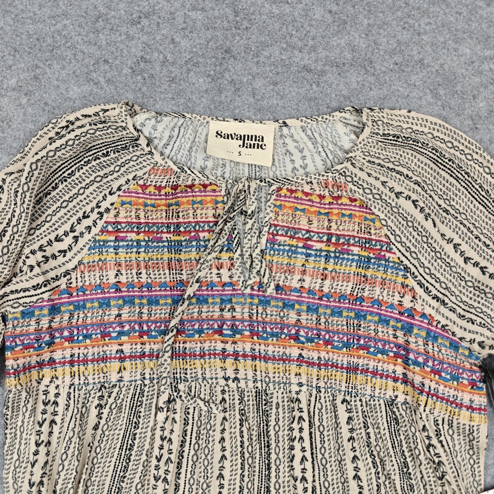 Savanna Jane Blouse Womens Small Beige Embroidered Boho Long Sleeve Tunic Top - Picture 2 of 8